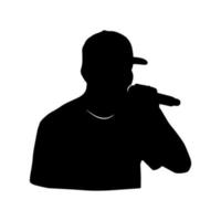 Man singer with microphone. Vector simple silhouette shadow shape, flat black icon isolated on white backround. Logo design element.