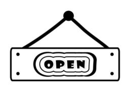 Open shop text wooden mark, isolated entrance mark design element. direction door board plank in doodle outline style. Information banner template. vector