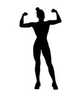 Vector simple silhouette shadow shape, flat black icon isolated on white backround. Logo design element. Sportive woman body with big muscles.