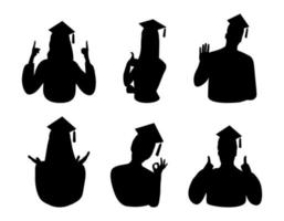 Graduation students. Vector simple silhouette shadow shape, flat black icon set isolated on white backround. Education concept, logo design element.
