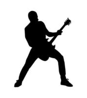 Guitar playing man. Vector simple silhouette shadow shape, flat black icon isolated on white backround. Logo design element. Rock music hobby concept.