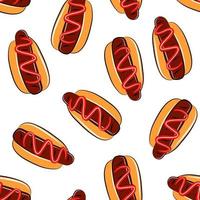 Cartoon hot dog fast food seamless pattern isolated on white background. Fashion fabric print template. vector