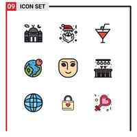 Mobile Interface Filledline Flat Color Set of 9 Pictograms of face moon cap world earth Editable Vector Design Elements