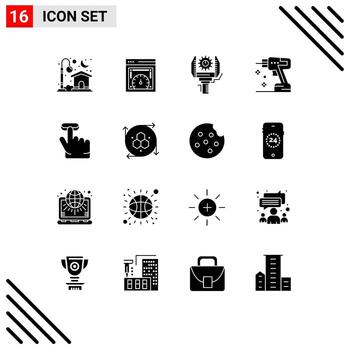 Set of 16 Vector Solid Glyphs on Grid for click instrument automation drill robotics Editable Vector Design Elements