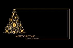 Christmas and New year concept. Golden Christmas tree by shiny cryptocurrency coin on black background. vector