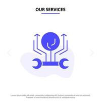 Our Services Development Engineering Growth Hack Hacking Solid Glyph Icon Web card Template vector