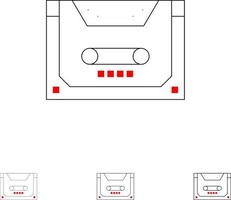 conjunto de iconos de línea negra delgada y audaz de cubierta compacta de casete de audio analógico vector