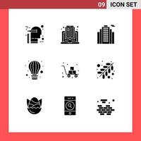 Modern Set of 9 Solid Glyphs Pictograph of cart hot air reading parachute air Editable Vector Design Elements