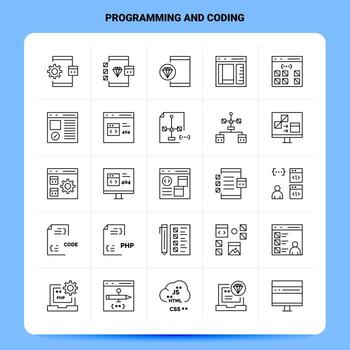 OutLine 25 Programming And Coding Icon set Vector Line Style Design Black Icons Set Linear pictogram pack Web and Mobile Business ideas design Vector Illustration
