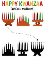 Kwanzaa shadow matching activity for children. Winter puzzle with kinara. New Year african educational game for kids. Find the correct silhouette printable worksheet. Vector cartoon illustration