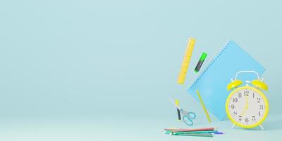 School stationery items on blue background with free space for text. Creative, colourful background with school supplies. Banner with copy space. Ruler, pencil, scissors, alarm clock. 3D rendering. photo