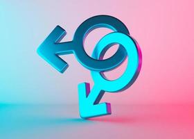 dos símbolos sexuales masculinos con luz de neón. símbolo de Marte para los hombres. signo de género. amor alternativo, comunidad lgbt. pareja gay, relación. diversidad, homosexualidad, matrimonio igualitario. representación 3d foto