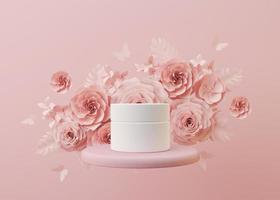 White and blank, unbranded cosmetic cream jar standing on pink podium with flowers. Skin care product presentation. Elegant mockup. Skincare, beauty and spa. Jar with copy space. 3D rendering. photo