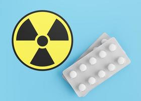 Anti-Radiation Pills, Iodine tablets, tablets for radiation protection. Potassium iodine tablet protecting against the dangers of accidental exposure to radioactivity. Nuclear threats. 3d rendering. photo