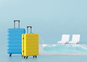 Suitcases and swimming pool on blue background. Holidays, tourism, travel. Tourists, great vacation. Relax time. Couple. Copy space for your text or logo. 3d rendering. photo