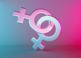 Two female sex symbols with neon light. Venus symbol for women. Gender sign. Love, LGBT community. Lesbians couple, relationship. Diversity, homosexuality, equal marriage. 3D rendering. photo