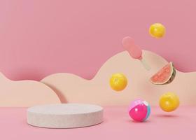 Podium mock up for product, cosmetic presentation. Summer, vacation mood. Orange, watermelon, ice cream on pink background. Pedestal, platform, stage. Empty scene with copy space. 3D rendering. photo