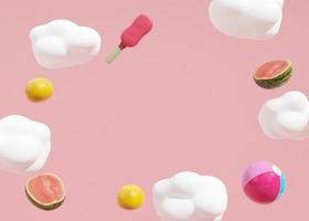 Summer, vacation background. Pink color, clouds and some summer details. Backdrop for advertising. Free, copy space for your text. Frame, modern design. Holiday, travel, relax concept. 3D rendering. photo