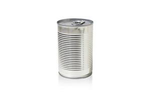 Closed tin can isolated on white background. Aluminum, canned food. photo