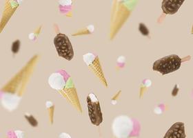 Seamless pattern with ice cream on light brown background. Trendy summer background, texture. Eye-catching design. 3d rendering. photo