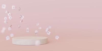 Podium with flying flowers on the pink background. Elegant podium for product, cosmetic presentation. Mock up. Summer or spring mood, blossom. Pedestal, platform for beauty products. 3D rendering. photo