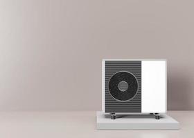 Air heat pump on beige background. Modern, environmentally friendly heating. Air source heat pumps are efficient and renewable source of energy. Free, copy space for your text, advertising. 3d render. photo