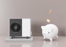 Air heat pump and piggy bank with falling coins on beige background. Modern, environmentally friendly heating. Save your money with air source heat pump. Copy space for text, advertising. 3d render. photo