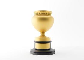 Golden champion, trophy cup on white background. Free, copy space for text. Trophy cup mock up. Sport award, winner prize, winning concept. Gold, first place. 3D rendering. photo