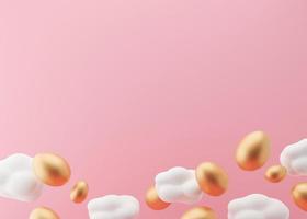 Golden Easter eggs and white clouds on pink background. Easter backdrop with free space for text, copy space. Postcard, greeting card design template. 3D illustration. photo