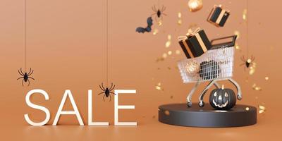Shopping cart, trolley with gift boxes, Halloween decoration and text SALE on orange background. Halloween shopping, sale. Special offer, good price, deal. Banner with copy space. 3D rendering. photo