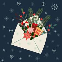 Christmas card with open envelope with box gift, candy cane, xmas. vector illustration