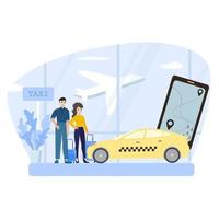 Tourism and city travel concept. Vector flat people illustration. Tourist family with child hold baggage and backpack. Smartphone, city map and taxi car on airport background
