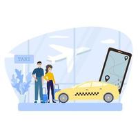 concepto de turismo y viajes por la ciudad. ilustración vectorial de personas planas. familia de turistas con equipaje y mochila para niños. teléfono inteligente, mapa de la ciudad y taxi en el fondo del aeropuerto vector