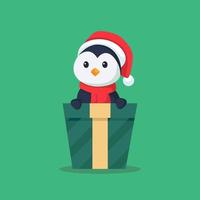 lindo pingüino en caja de regalo de navidad ilustración de diseño de personajes vector