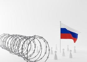 Russian flag and people figures behind barbed fence. Russia's isolation from the rest of the world, sanctions. Russian Ukrainian conflict. Stop war, occupation. Free, copy space for text. 3D rendering photo