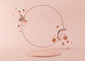 Podium with copper ring and flying, glossy metallic 3D forms on pink background. Elegant podium for product, cosmetic presentation. Mock up. Pedestal or platform for beauty products. 3D rendering. photo