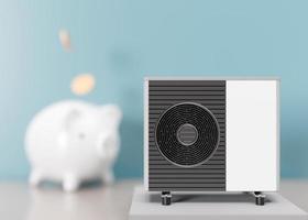 Air heat pump and piggy bank on blue background. Modern, environmentally friendly heating. Save your money with air source heat pump. Free, copy space for your text, advertising. 3d render. photo