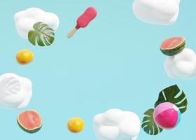 Summer, vacation background. Blue color, clouds and some summer details. Backdrop for advertising. Free, copy space for your text. Frame, modern design. Holiday, travel, relax concept. 3D rendering. photo