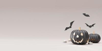 Halloween decoration on gray background. Free, copy space for your text or logo. Halloween banner, mock up design, template for advertising. Black pumpkin, bat, candles. 3D rendering. photo