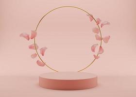 Pink podium with golden ring and flying flowers petals on the pink background. 3D rendering. Elegant podium for product, cosmetic presentation. Mock up. Pedestal or platform for beauty products. photo