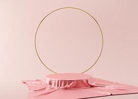 Podium with silk material and golden ring on the pink background. 3D rendering. Elegant podium for product, cosmetic presentation. Mock up. Pedestal or platform for beauty products. photo