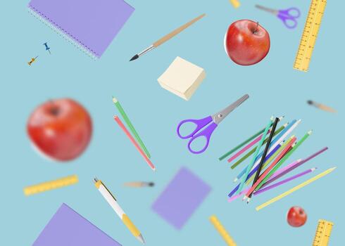 Seamless pattern with school stationery items on blue background. Colorful background with school supplies, texture. Eye-catching design. Pen, pencils, scissors, notebook, ruler, apple. 3D rendering. photo