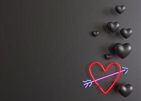 Black background with hearts and copy space. Valentine's Day backdrop. Empty space for advertising text, invitation, logo. Postcard, greeting card design. Love symbol. 3D render. photo