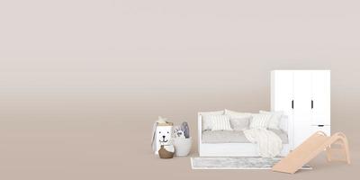 Banner with modern child room furniture and copy space for your advertisement text or logo. Kids furniture store, interior details. Furnishings sale, interior project. Template, empty space. 3d render photo