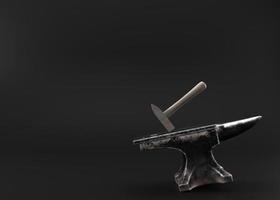 Blacksmith's hammer on metal anvil on the black background. Ambos, forge tool. Metal industry, old profession. Free, copy space for your text. Template for advertising, announcement. 3D rendering. photo