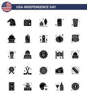 25 USA Solid Glyph Signs Independence Day Celebration Symbols of cola cola adobe soda beer Editable USA Day Vector Design Elements