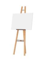 Empty horizontal canvas on wooden easel, isolated on white background. Free, copy space for your picture. Artwork presentation. Canvas mock up. Cut out object. 3D rendering. photo