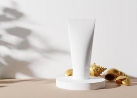 White and blank, unbranded cosmetic cream tube standing on white podium with golden sea shells. Skin care product presentation on white background. Luxury mockup. Tube with copy space. 3D rendering. photo