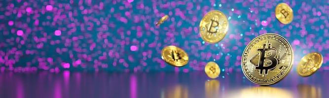 Cryptocurrency golden bitcoin coins with neon lights. Symbol of crypto currency - electronic virtual money for web banking and international network payment. Banner with copy space. 3D rendering. photo