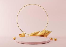 Podium with golden sea shells and golden ring on pink background. Elegant podium for product, cosmetic presentation. Luxury mockup. Pedestal or platform for beauty products. Empty scene. 3D rendering. photo